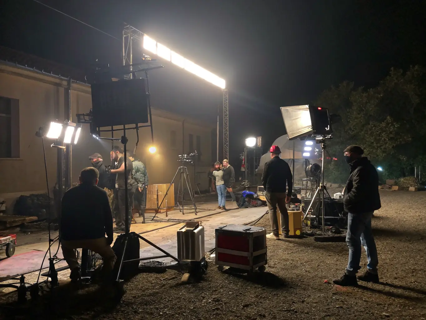 A dynamic shot of a branded video shoot with crew and equipment in action, showcasing the creation of branded content for a client.