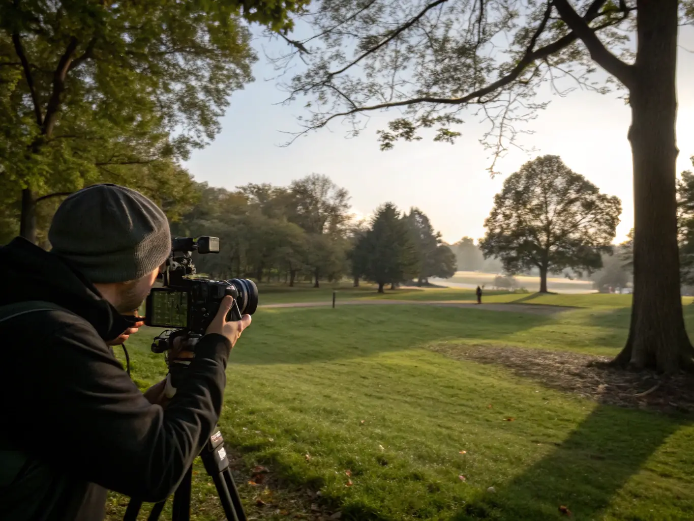 A behind-the-scenes shot of documentary filming in an outdoor setting, capturing the essence of authentic storytelling.